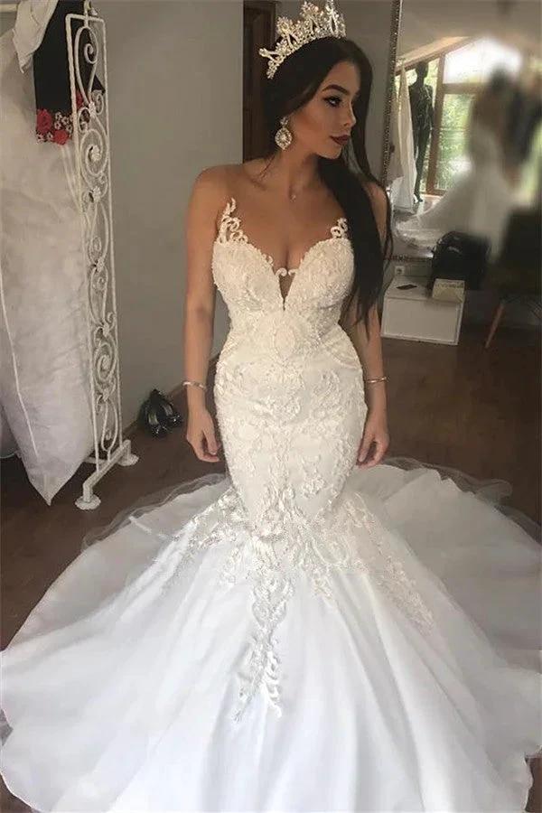 Gorgeous Long Mermaid Sweetheart Lace Buttons Backless Wedding Dress by BIZTUNNEL