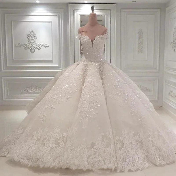 Gorgeous Long Off The Shoulder Beadings Ball Gown Wedding Dress by BIZTUNNEL
