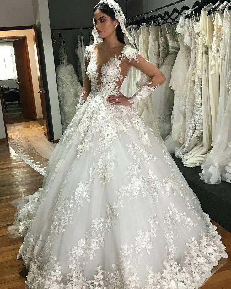 Gorgeous Long Princess Bateau Appliques Lace Backless Ruffles Wedding Dress with Sleeves by BIZTUNNEL