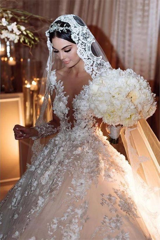 Gorgeous Long Princess Bateau Appliques Lace Backless Ruffles Wedding Dress with Sleeves by BIZTUNNEL