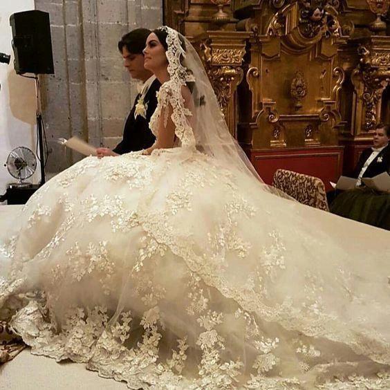 Gorgeous Long Princess Bateau Appliques Lace Backless Ruffles Wedding Dress with Sleeves by BIZTUNNEL