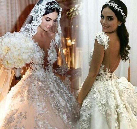 Gorgeous Long Princess Bateau Appliques Lace Backless Ruffles Wedding Dress with Sleeves by BIZTUNNEL