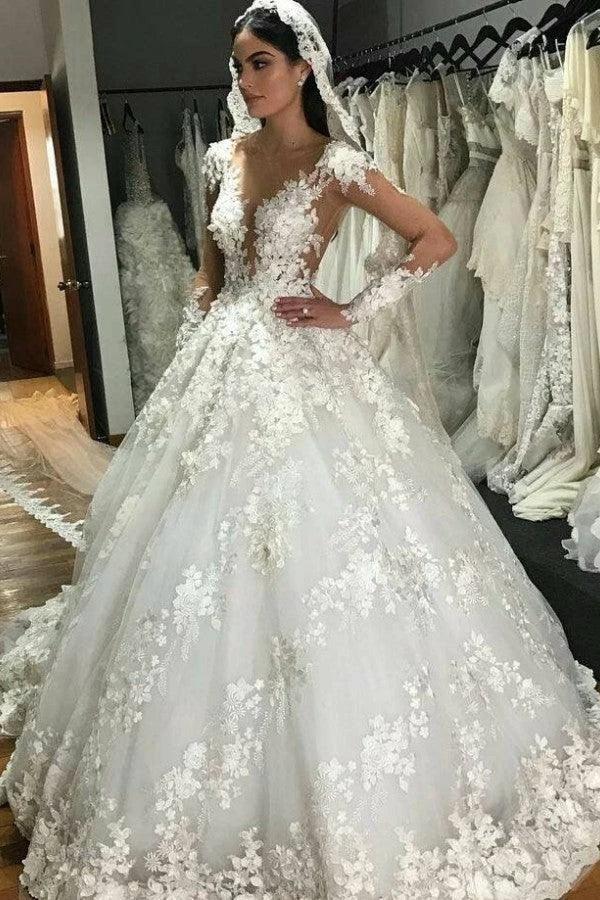Gorgeous Long Princess Bateau Appliques Lace Backless Ruffles Wedding Dress with Sleeves by BIZTUNNEL