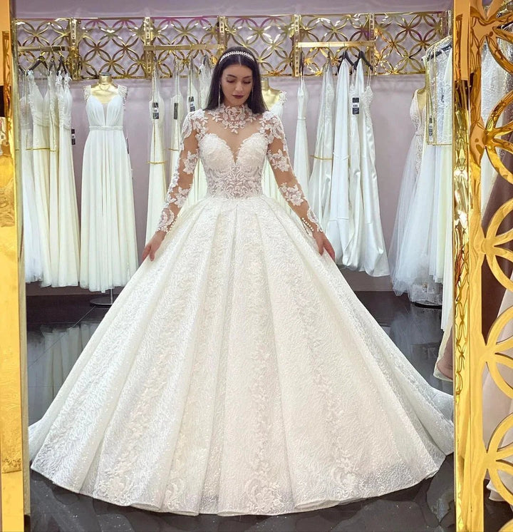 Gorgeous Long Princess High-neck Lace Appliques Wedding Dress with Sleeves by BIZTUNNEL