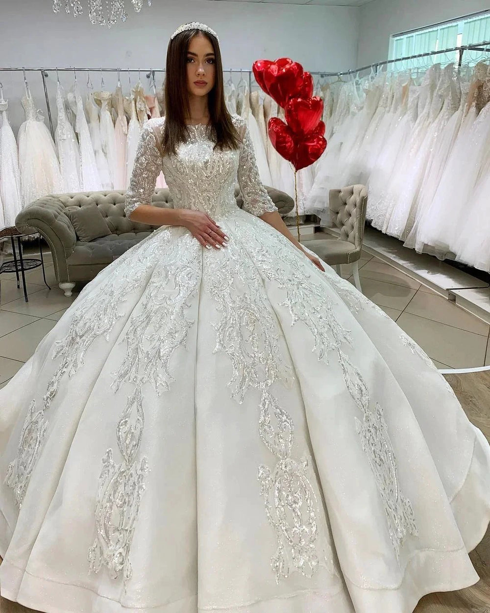 Gorgeous Long Princess Satin Bateau Appliques Lace Wedding Dress with Sleeves by BIZTUNNEL