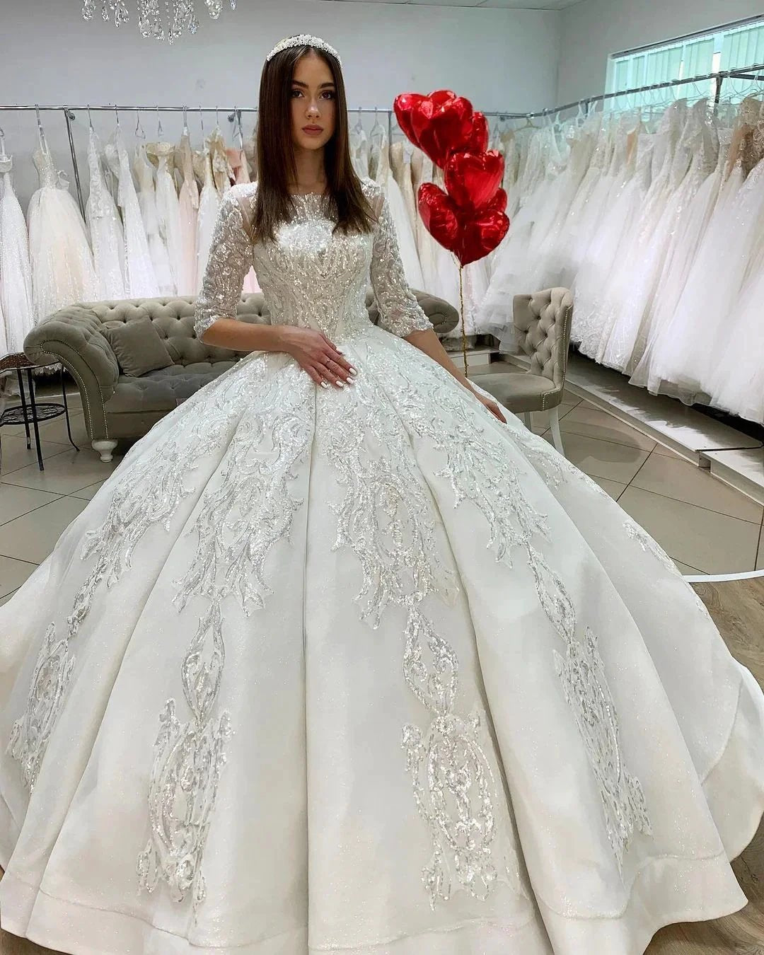 Gorgeous Long Princess Satin Bateau Appliques Lace Wedding Dress with Sleeves by BIZTUNNEL