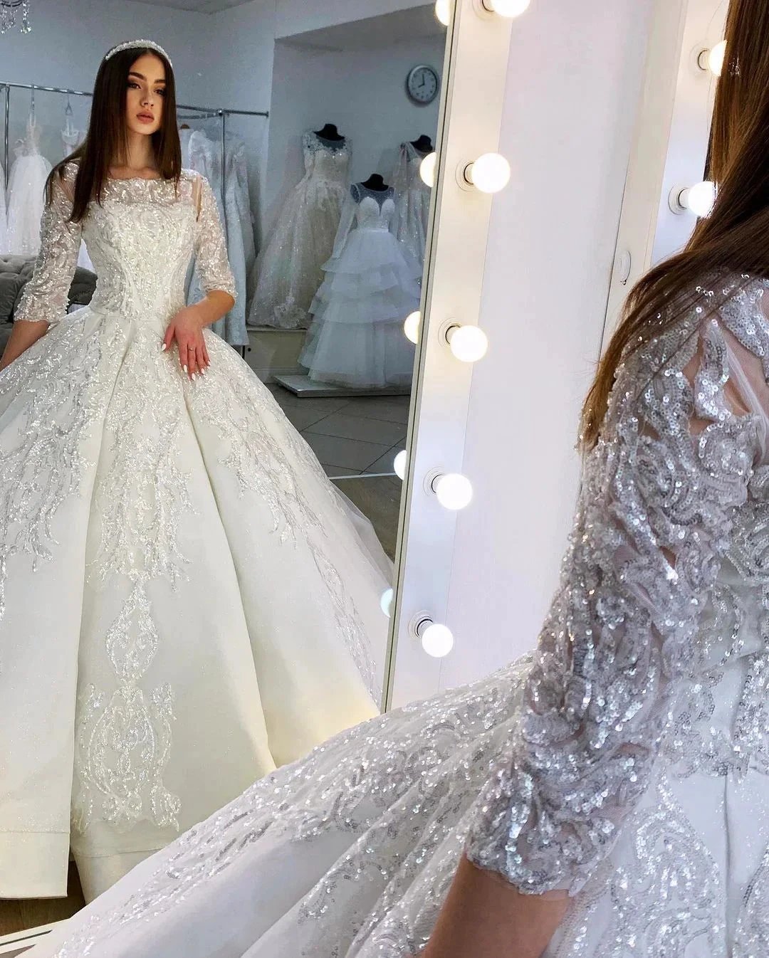 Gorgeous Long Princess Satin Bateau Appliques Lace Wedding Dress with Sleeves by BIZTUNNEL