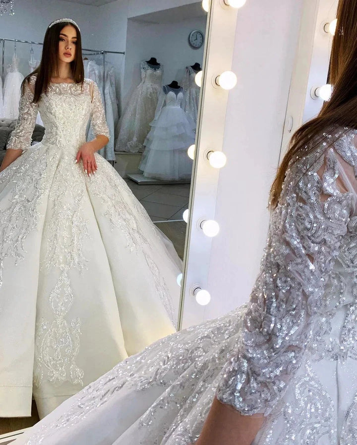 Gorgeous Long Princess Satin Bateau Appliques Lace Wedding Dress with Sleeves by BIZTUNNEL