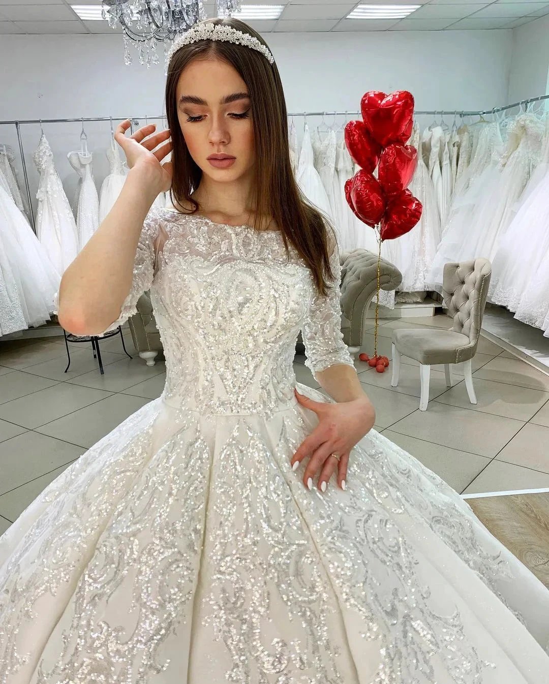 Gorgeous Long Princess Satin Bateau Appliques Lace Wedding Dress with Sleeves by BIZTUNNEL