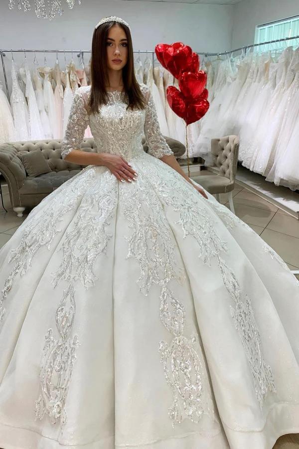 Gorgeous Long Princess Satin Bateau Appliques Lace Wedding Dress with Sleeves by BIZTUNNEL