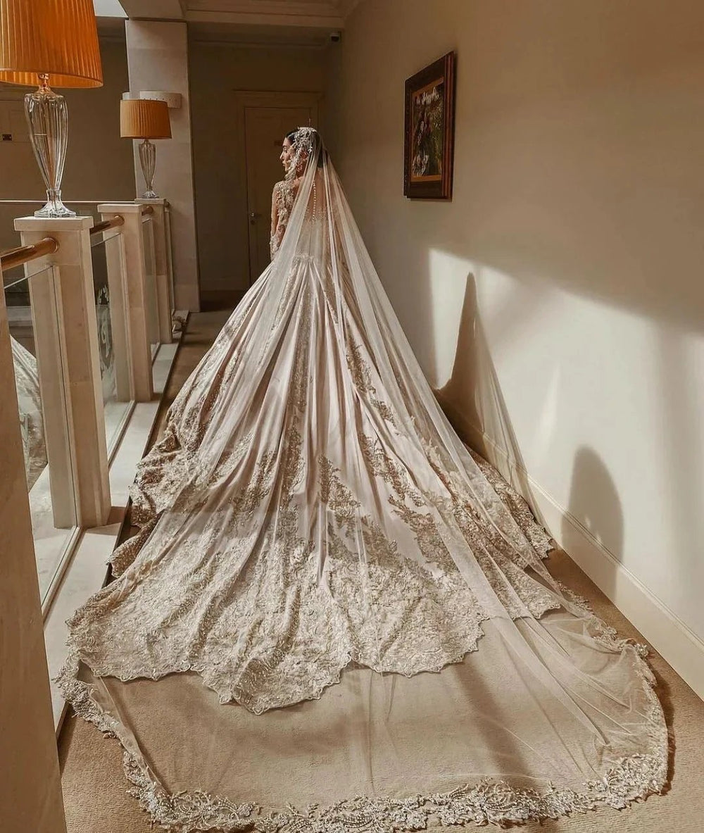 Gorgeous Long Princess Sweetheart Beading Pearl Satin Wedding Dress with Sleeves by BIZTUNNEL