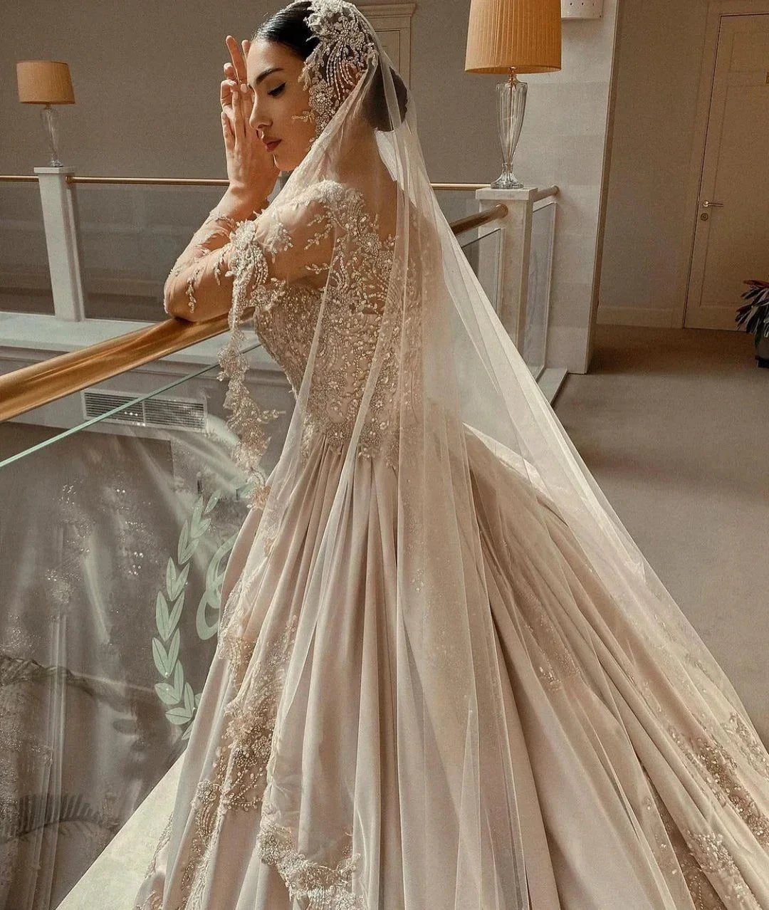 Gorgeous Long Princess Sweetheart Beading Pearl Satin Wedding Dress with Sleeves by BIZTUNNEL