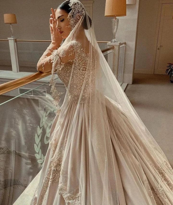Gorgeous Long Princess Sweetheart Beading Pearl Satin Wedding Dress with Sleeves by BIZTUNNEL