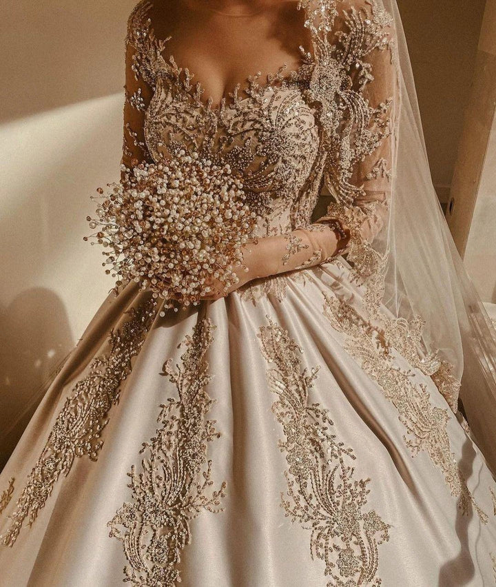 Gorgeous Long Princess Sweetheart Beading Pearl Satin Wedding Dress with Sleeves by BIZTUNNEL
