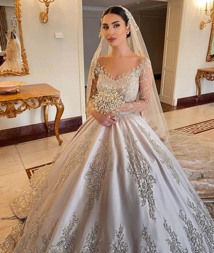 Gorgeous Long Princess Sweetheart Beading Pearl Satin Wedding Dress with Sleeves by BIZTUNNEL