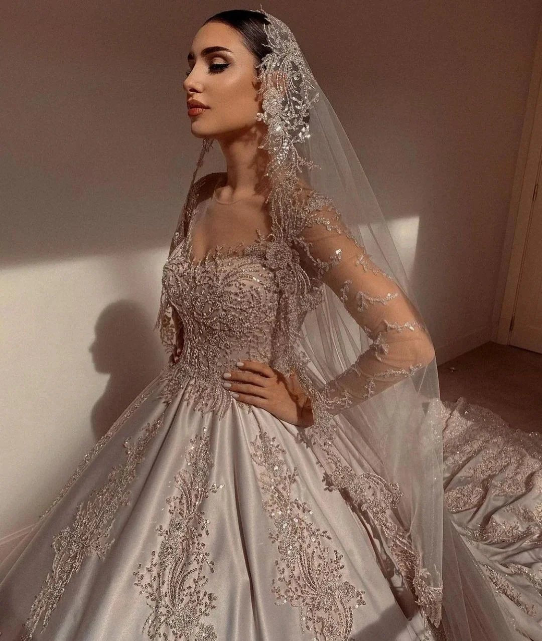 Gorgeous Long Princess Sweetheart Beading Pearl Satin Wedding Dress with Sleeves by BIZTUNNEL