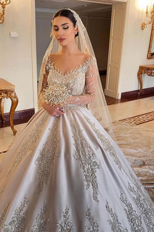 Gorgeous Long Princess Sweetheart Beading Pearl Satin Wedding Dress with Sleeves by BIZTUNNEL