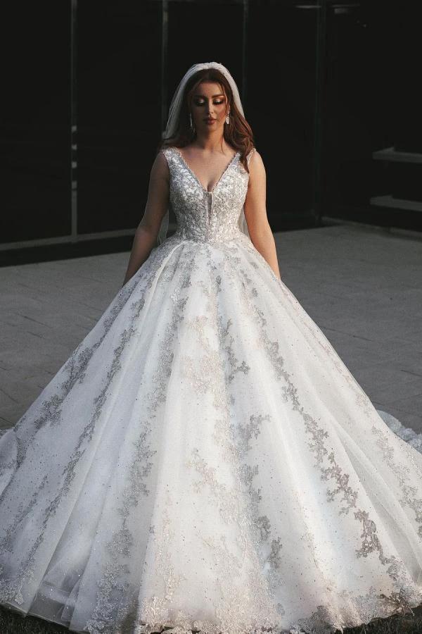 Gorgeous Long Princess V-neck Tulle Lace Appliques Wedding Dress by BIZTUNNEL