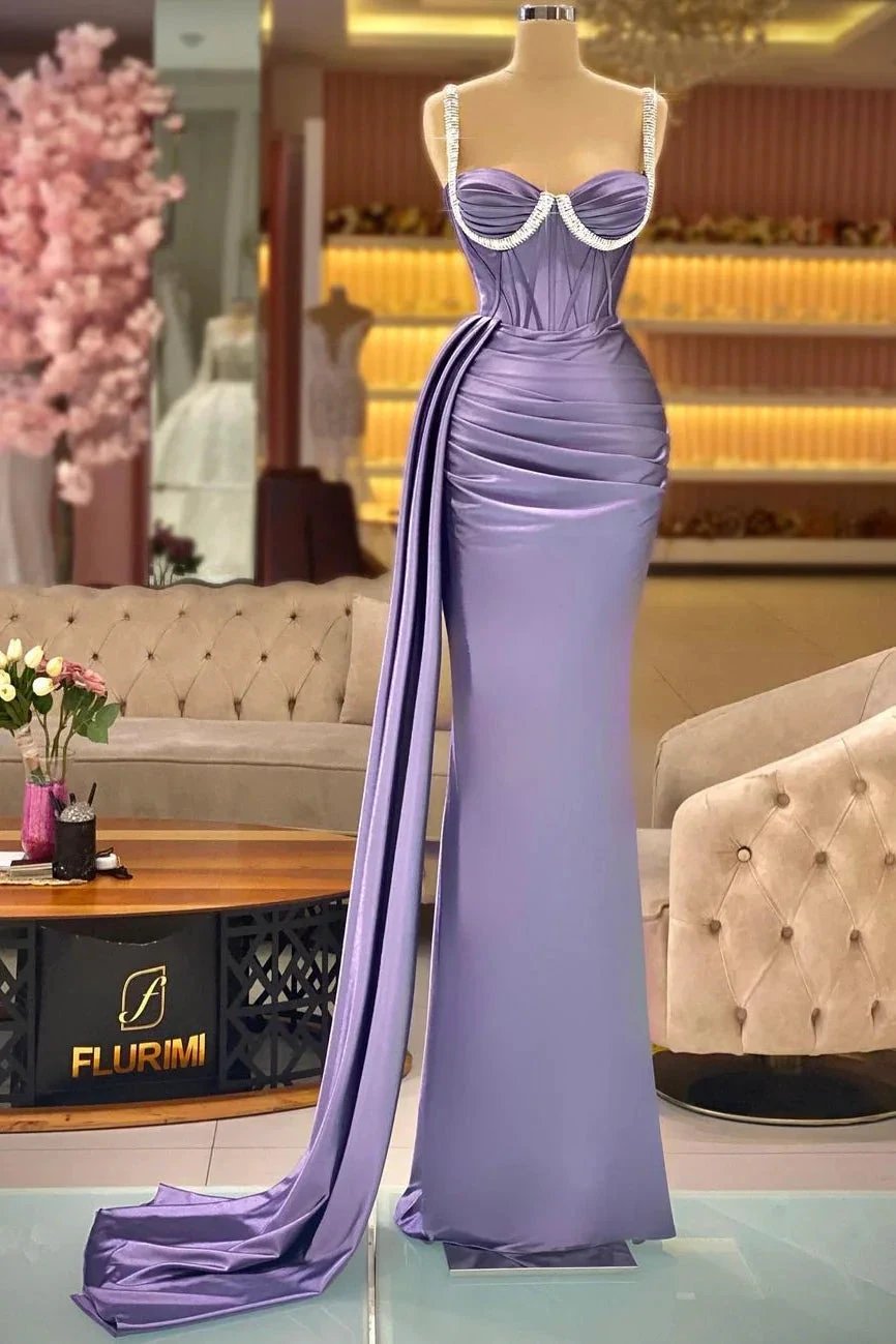 Gorgeous Long Purple Mermaid Sleeveless Straps Prom Dress With Ruffles by misshow.com
