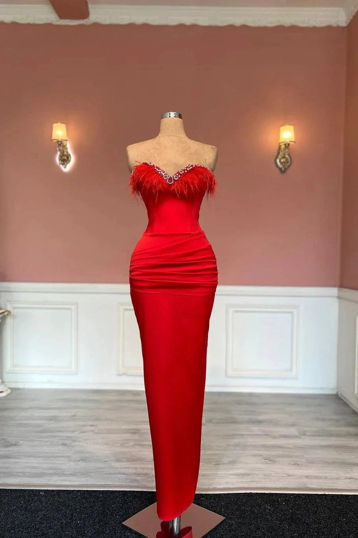 Gorgeous Long Red Column Sweetheart Jewels Prom Dress With Feathers by misshow.com
