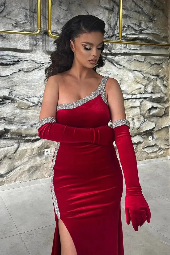 Gorgeous Long Red One Shoulder Sequined Sleeveless Prom Dress With Slit by misshow.com