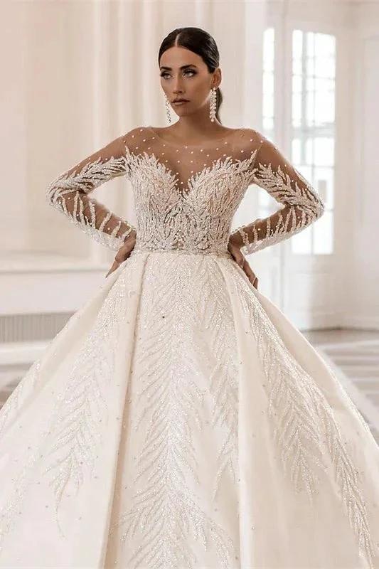 Gorgeous Long Sleeves A-Line Bateau Crystal Pearl Satin Wedding Dress by BIZTUNNEL