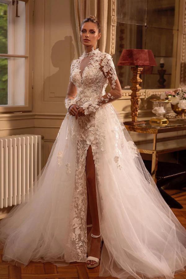 Gorgeous Long Sleeves A-line Jewel Tulle Lace Backless Wedding Dresses with Slit by BIZTUNNEL