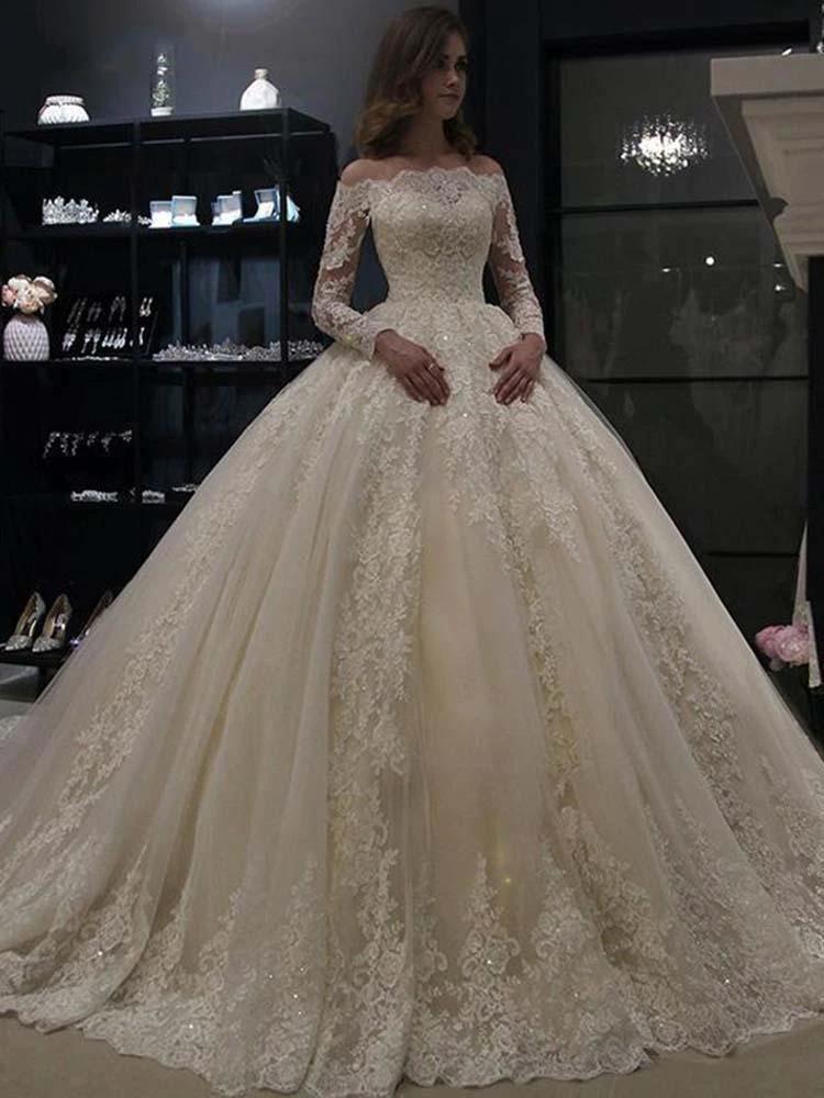 Gorgeous Long Sleeves Ball Gown Lace Tulle Wedding Dresses by BIZTUNNEL