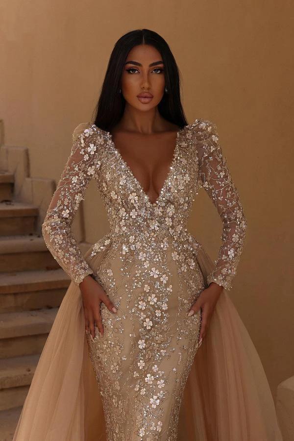 Gorgeous Long Sleeves Mermaid V-neck Wedding Dress with Detachable Tulle Train by BIZTUNNEL