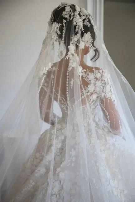 Gorgeous Long Sleeves Soft Floral Lace Bridal Gown V-Neck Wedding Dress by misshow.com