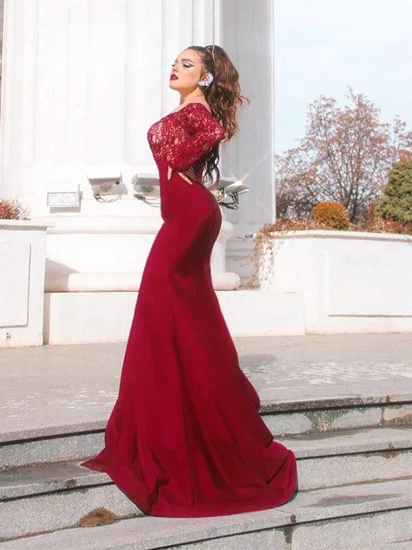 Gorgeous Mermaid Elastic Woven Satin Applique Off-the-Shoulder Long Sleeves Prom Dresses by misshow.com