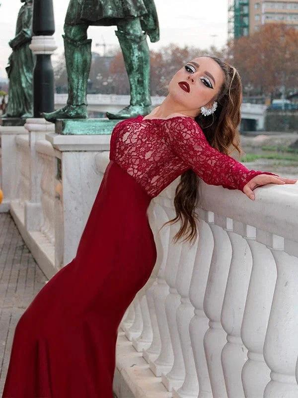Gorgeous Mermaid Elastic Woven Satin Applique Off-the-Shoulder Long Sleeves Prom Dresses by misshow.com