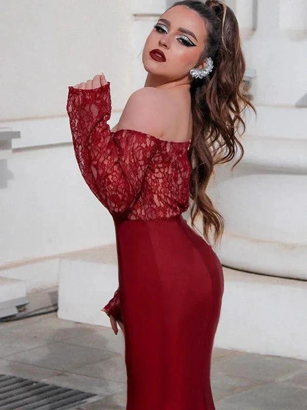 Gorgeous Mermaid Elastic Woven Satin Applique Off-the-Shoulder Long Sleeves Prom Dresses by misshow.com