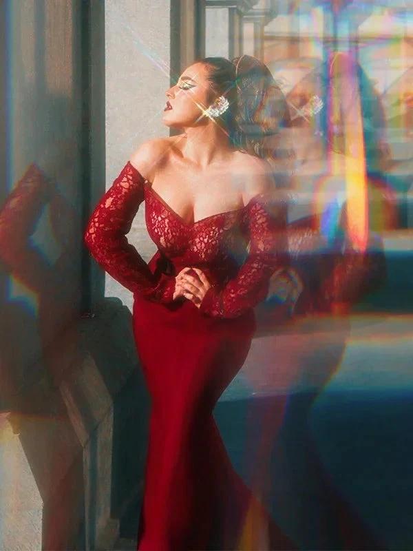 Gorgeous Mermaid Elastic Woven Satin Applique Off-the-Shoulder Long Sleeves Prom Dresses by misshow.com