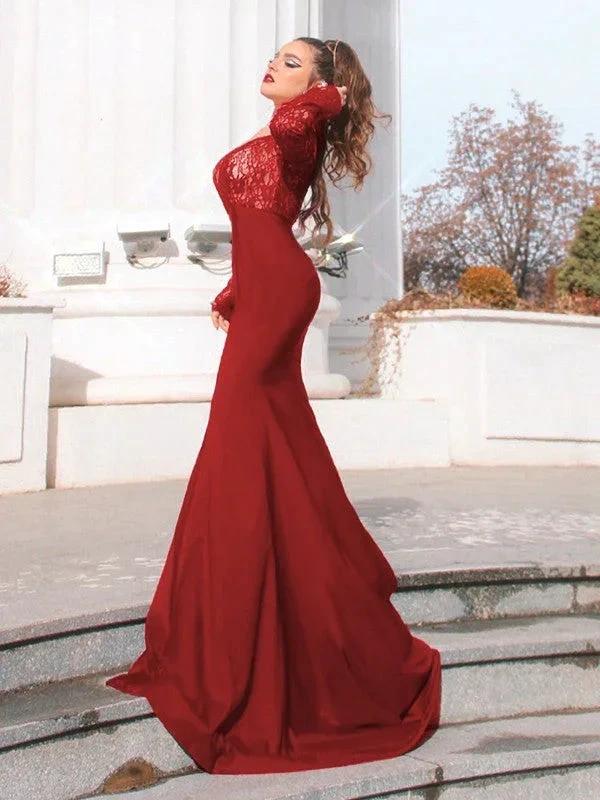 Gorgeous Mermaid Elastic Woven Satin Applique Off-the-Shoulder Long Sleeves Prom Dresses by misshow.com