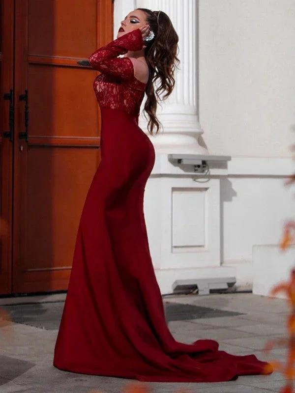 Gorgeous Mermaid Elastic Woven Satin Applique Off-the-Shoulder Long Sleeves Prom Dresses by misshow.com