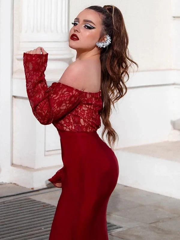 Gorgeous Mermaid Elastic Woven Satin Applique Off-the-Shoulder Long Sleeves Prom Dresses by misshow.com