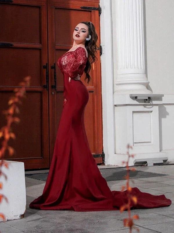 Gorgeous Mermaid Elastic Woven Satin Applique Off-the-Shoulder Long Sleeves Prom Dresses by misshow.com