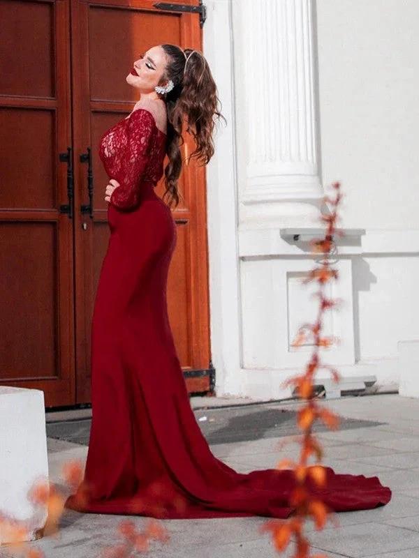 Gorgeous Mermaid Elastic Woven Satin Applique Off-the-Shoulder Long Sleeves Prom Dresses by misshow.com