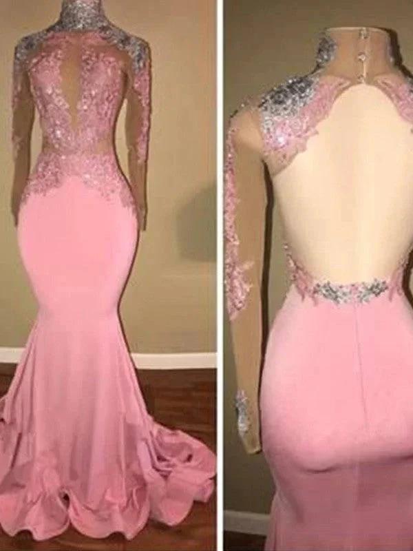 Gorgeous Mermaid High Neck Jersey Applique Long Sleeves Prom Dresses by misshow.com
