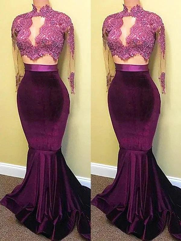 Gorgeous Mermaid High Neck Satin Long Sleeves Applique Prom Dresses by misshow.com
