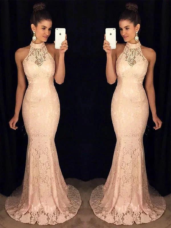 Gorgeous Mermaid High Neck Sleeveless Ruffles Lace Prom Dresses by misshow.com