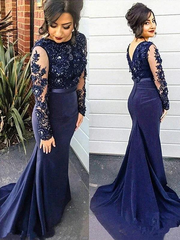 Gorgeous Mermaid Lace Silk like Satin Scoop Long Sleeves Plus Size Prom Dresses by misshow.com
