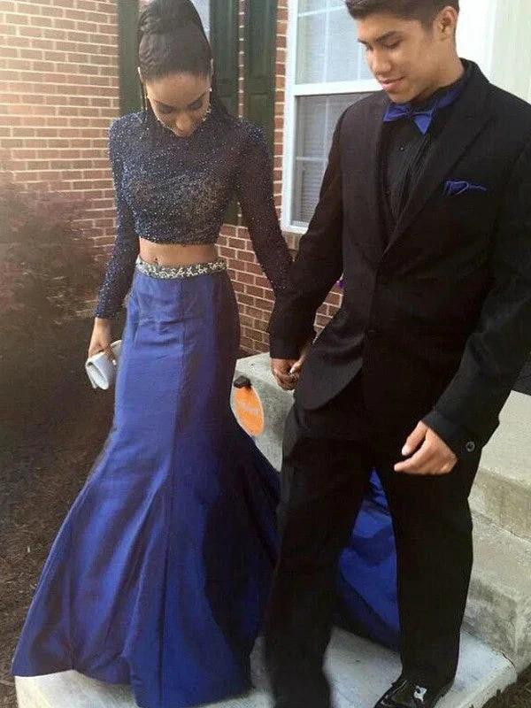 Gorgeous Mermaid Long Sleeves High Neck Beading Court Train Taffeta Two Piece Prom Dresses by misshow.com
