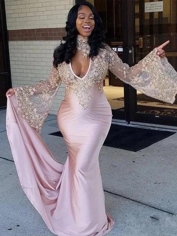 Gorgeous Mermaid Long Sleeves High Neck Chapel Train Applique Silk Like Satin Prom Dresses by misshow.com