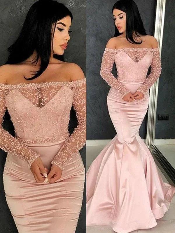 Gorgeous Mermaid Long Sleeves Off-the-Shoulder Ruffles Satin Prom Dresses by misshow.com