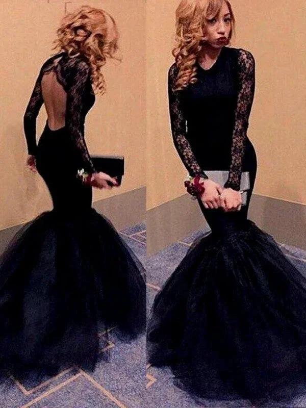 Gorgeous Mermaid Long Sleeves Scoop Lace Tulle Prom Dresses by misshow.com