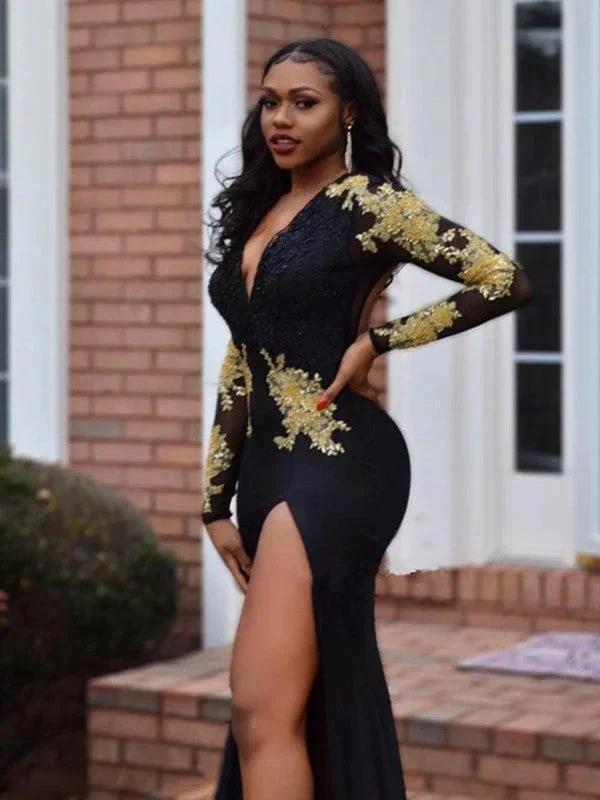 Gorgeous Mermaid Long Sleeves V-neck Court Train Spandex Beading Prom Dresses by misshow.com