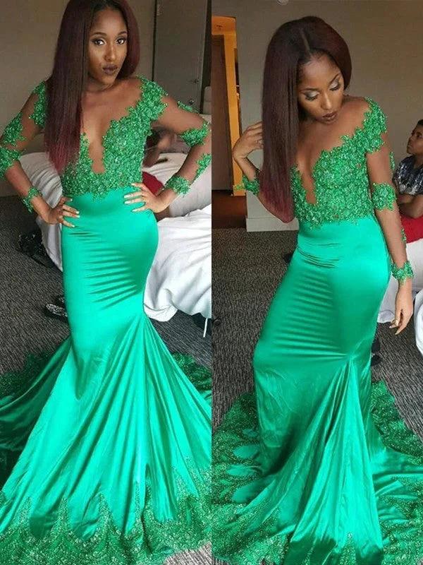 Gorgeous Mermaid Long Sleeves V-neck Satin Lace Prom Dresses by misshow.com