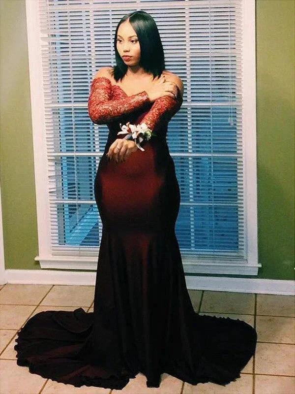 Gorgeous Mermaid Off-the-Shoulder Long Sleeves Applique Elastic Woven Satin Plus Size Prom Dresses by misshow.com